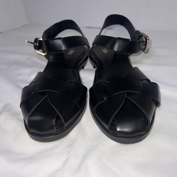 Zara Fisherman Sandals Size 39 (8) Black Gladiator Leather Caged Toe Flat Casual - Picture 2 of 10